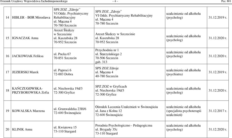 Pucka 67 70-851 Szczecin Przychodnia nr 1 ul. Starzyńskiego 2 70-506 Szczecin gab. 313 17 JEZIERSKI Marek ul.