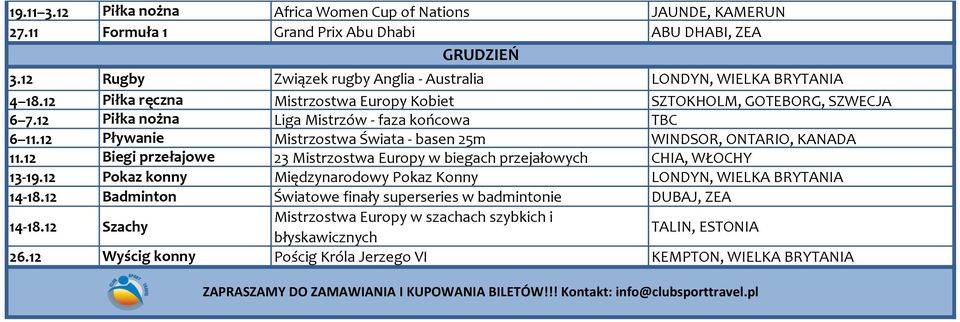 12 Pływanie Mistrzostwa Świata - basen 25m WINDSOR, ONTARIO, KANADA 11.12 Biegi przełajowe 23 Mistrzostwa Europy w biegach przejałowych CHIA, WŁOCHY 13-19.