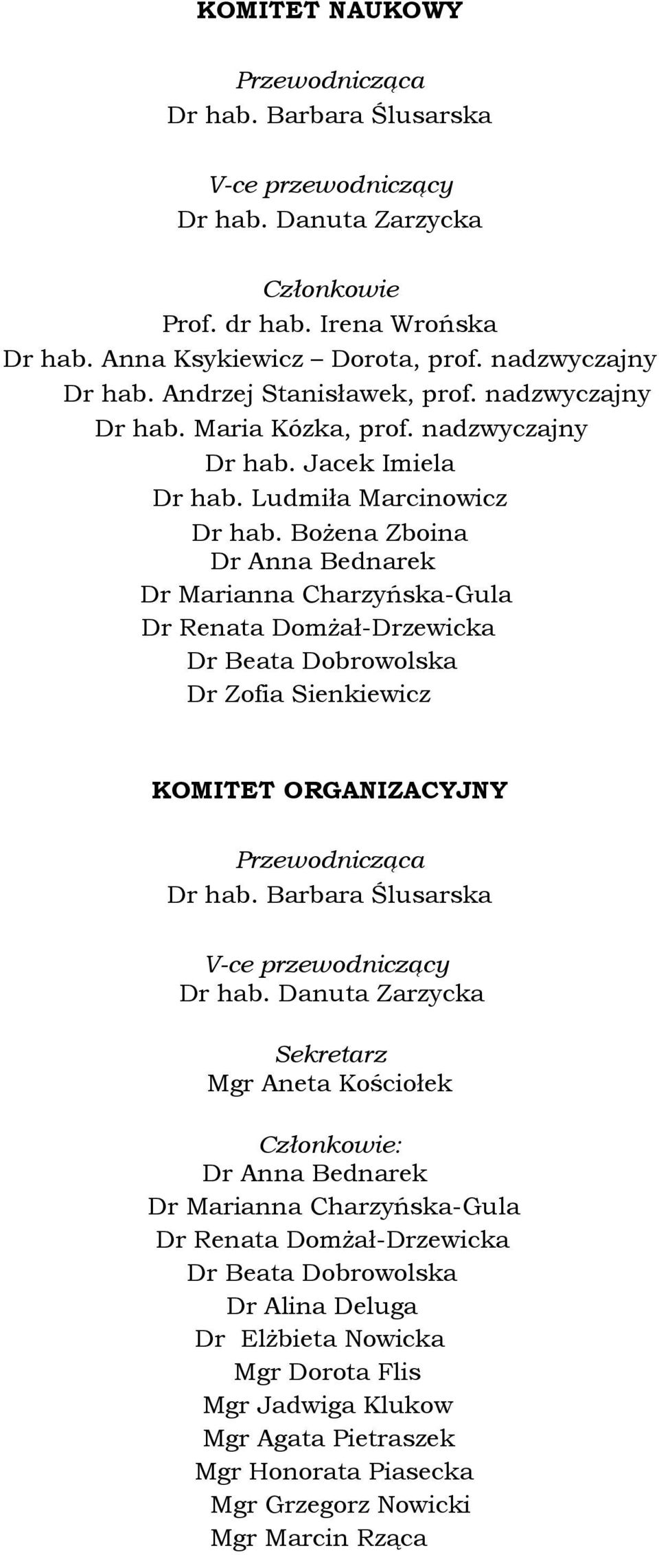 Bożena Zboina Dr Marianna Charzyńska-Gula Dr Renata Domżał-Drzewicka Dr Beata Dobrowolska Dr Zofia Sienkiewicz KOMITET ORGANIZACYJNY Przewodnicząca V-ce przewodniczący Sekretarz