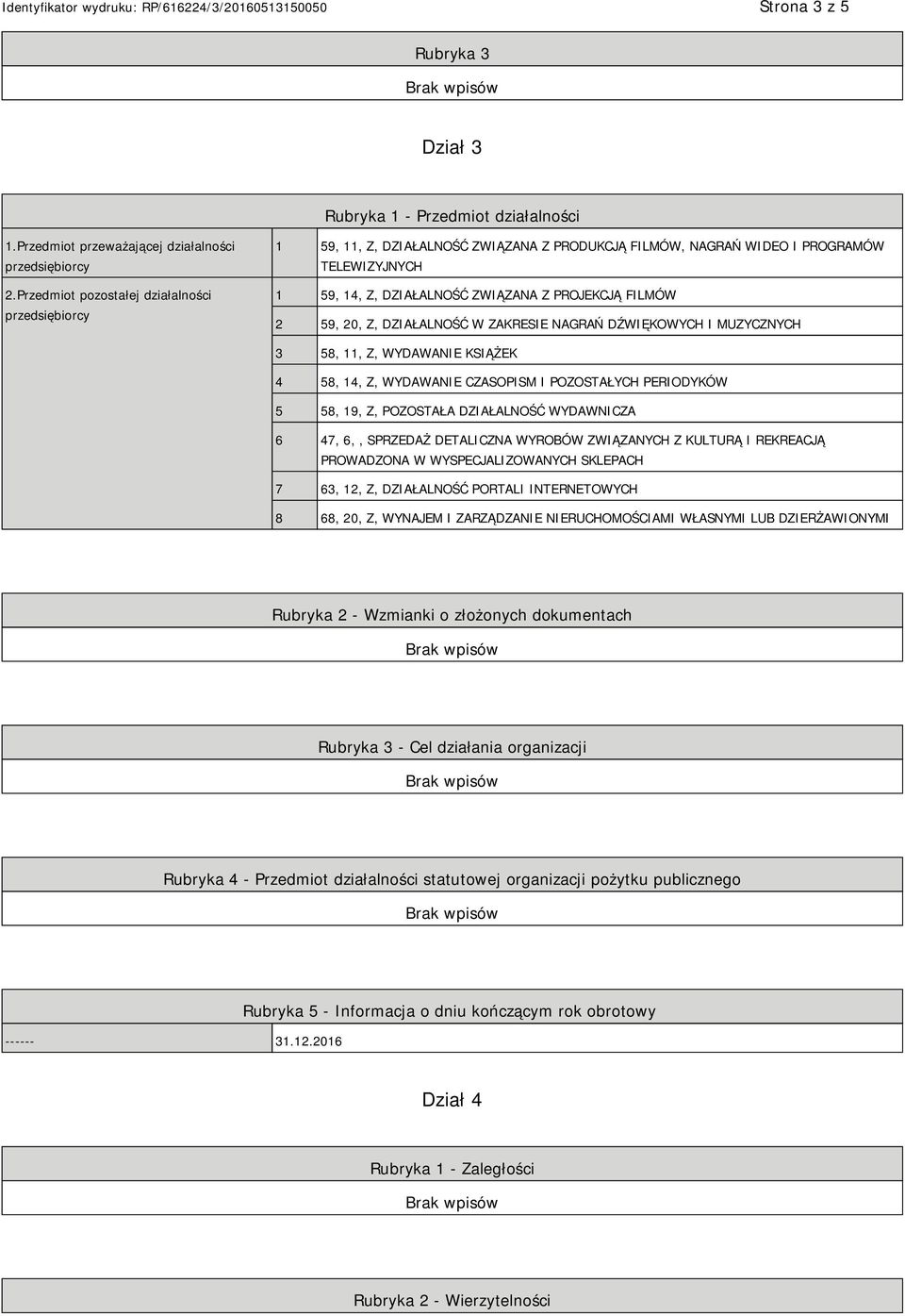 59, 20, Z, DZIAŁALNOŚĆ W ZAKRESIE NAGRAŃ DŹWIĘKOWYCH I MUZYCZNYCH 3 58, 11, Z, WYDAWANIE KSIĄŻEK 4 58, 14, Z, WYDAWANIE CZASOPISM I POZOSTAŁYCH PERIODYKÓW 5 58, 19, Z, POZOSTAŁA DZIAŁALNOŚĆ