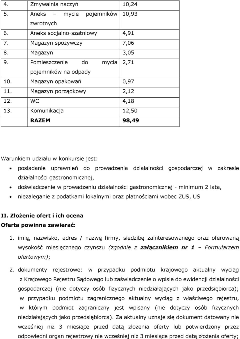 Komunikacja 12,50 RAZEM 98,49 Warunkiem udziału w konkursie jest: posiadanie uprawnień do prowadzenia działalności gospodarczej w zakresie działalności gastronomicznej, doświadczenie w prowadzeniu