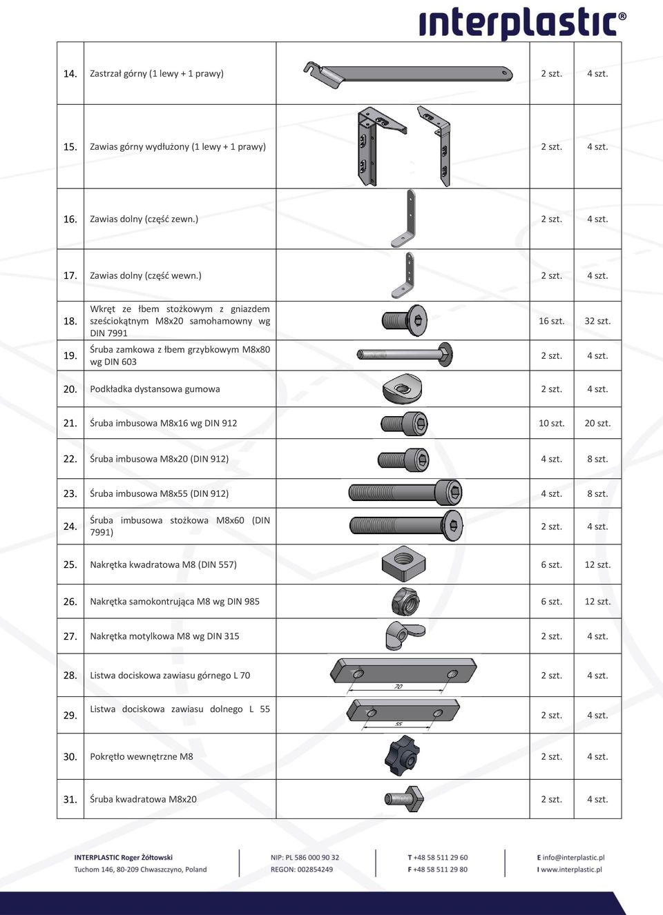 4 szt. 21. Śruba imbusowa M8x16 wg DIN 912 10 szt. 20 szt. 22. Śruba imbusowa M8x20 (DIN 912) 4 szt. 8 szt. 23. Śruba imbusowa M8x55 (DIN 912) 4 szt. 8 szt. 24.