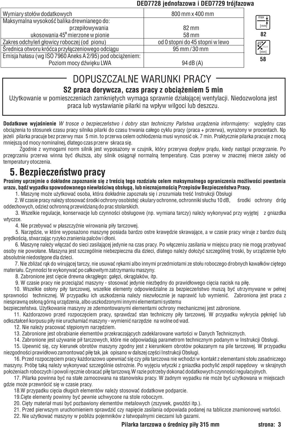 mocy dÿwiêku LWA 94 db (A) max [mm] 82 45 max [mm] 58 DOPUSZCZALNE WARUNKI PRACY S2 praca dorywcza, czas pracy z obci¹ eniem 5 min U ytkowanie w pomieszczeniach zamkniêtych wymaga sprawnie