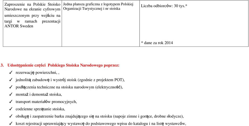 Udostępnienie części Polskiego Stoiska Narodowego poprzez: rezerwację powierzchni,, jednolitą zabudowę i wystrój stoisk (zgodnie z projektem POT), podłączenia techniczne na stoisku