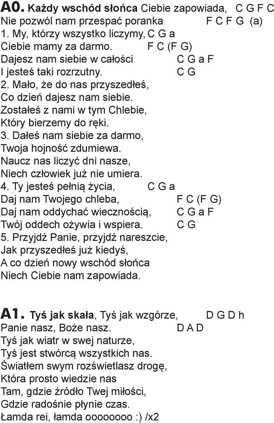 Dałeś nam siebie za darmo, Twoja hojność zdumiewa. Naucz nas liczyć dni nasze, Niech człowiek już nie umiera. 4.