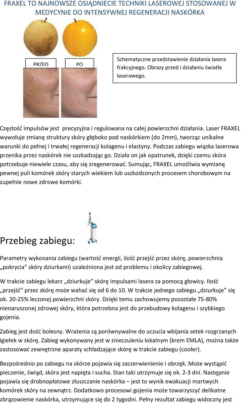 Podczas zabiegu wiązka laserowa przenika przez naskórek nie uszkadzając go. Działa on jak opatrunek, dzięki czemu skóra potrzebuje niewiele czasu, aby się zregenerować.