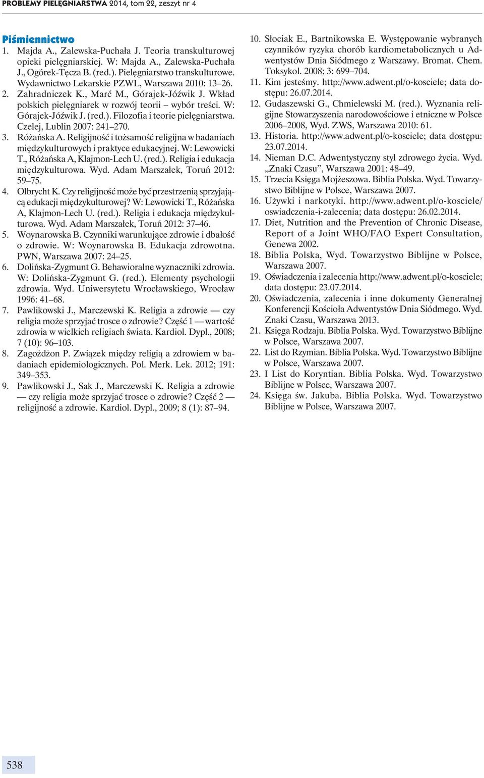 W: Górajek-Jóźwik J. (red.). Filozofia i teorie pielęgniarstwa. Czelej, Lublin 2007: 241 270. 3. Różańska A. Religijność i tożsamość religijna w badaniach międzykulturowych i praktyce edukacyjnej.