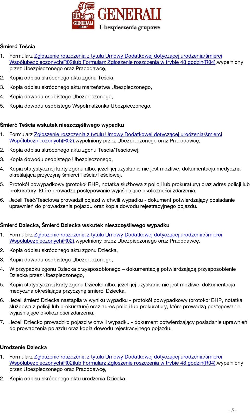 Śmierć Teścia wskutek nieszczęśliwego wypadku Współubezpieczonych(R02),wypełniony przez Ubezpieczonego oraz Pracodawcę, 2. Kopia odpisu skróconego aktu zgonu Teścia/Teściowej, 3.