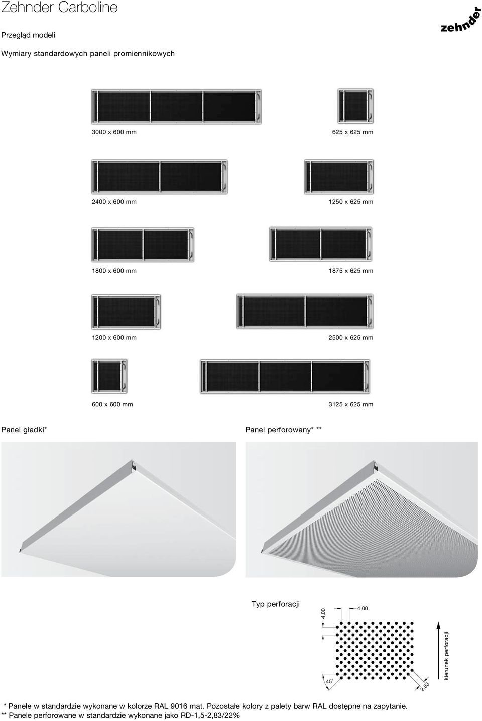 ** Typ perforacji 4,00 4,00 45 2,83 kierunek perforacji * Panele w standardzie wykonane w kolorze RAL 9016 mat.