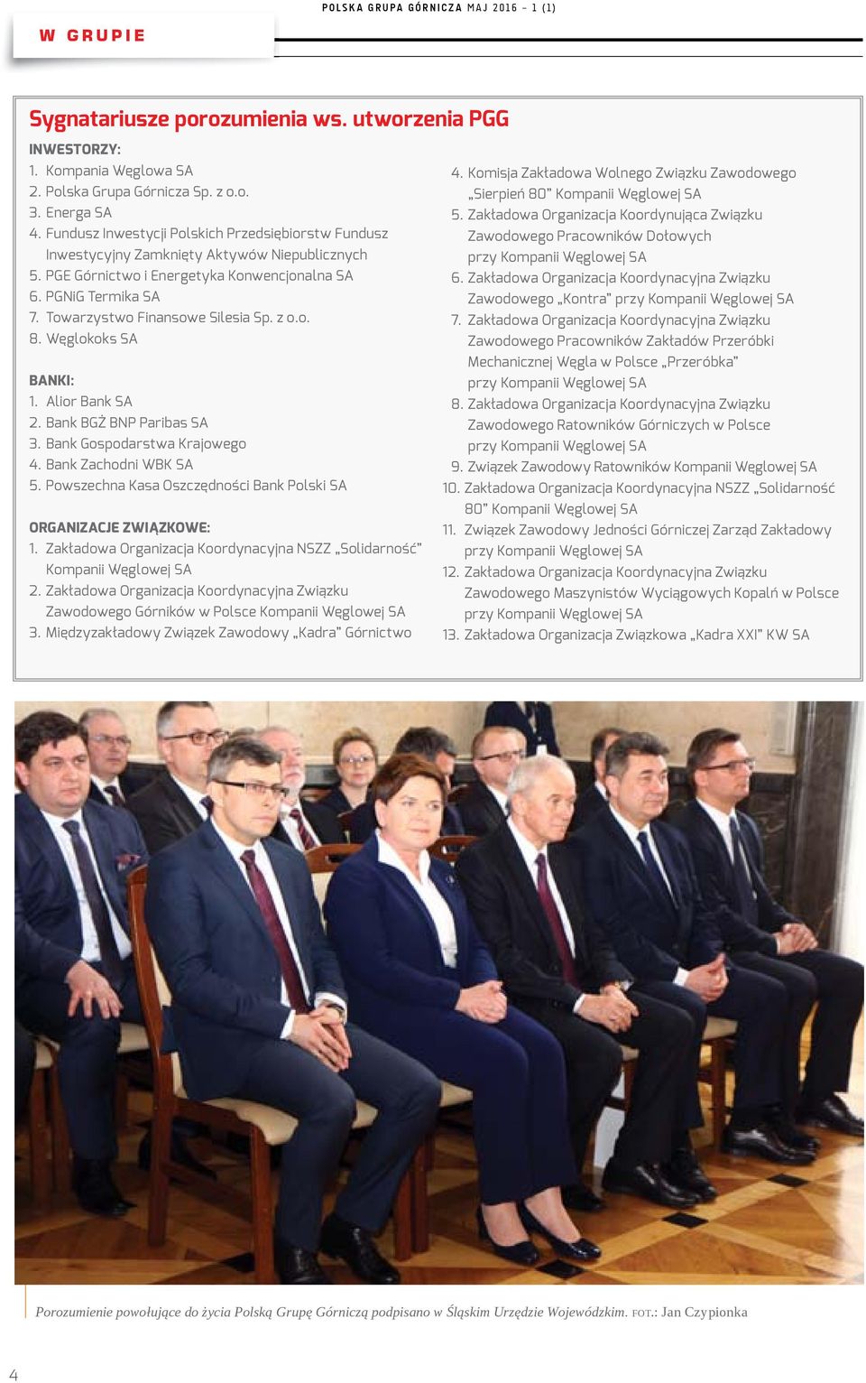 Towarzystwo Finansowe Silesia Sp. z o.o. 8. Węglokoks SA BANKI: 1. Alior Bank SA 2. Bank BGŻ BNP Paribas SA 3. Bank Gospodarstwa Krajowego 4. Bank Zachodni WBK SA 5.