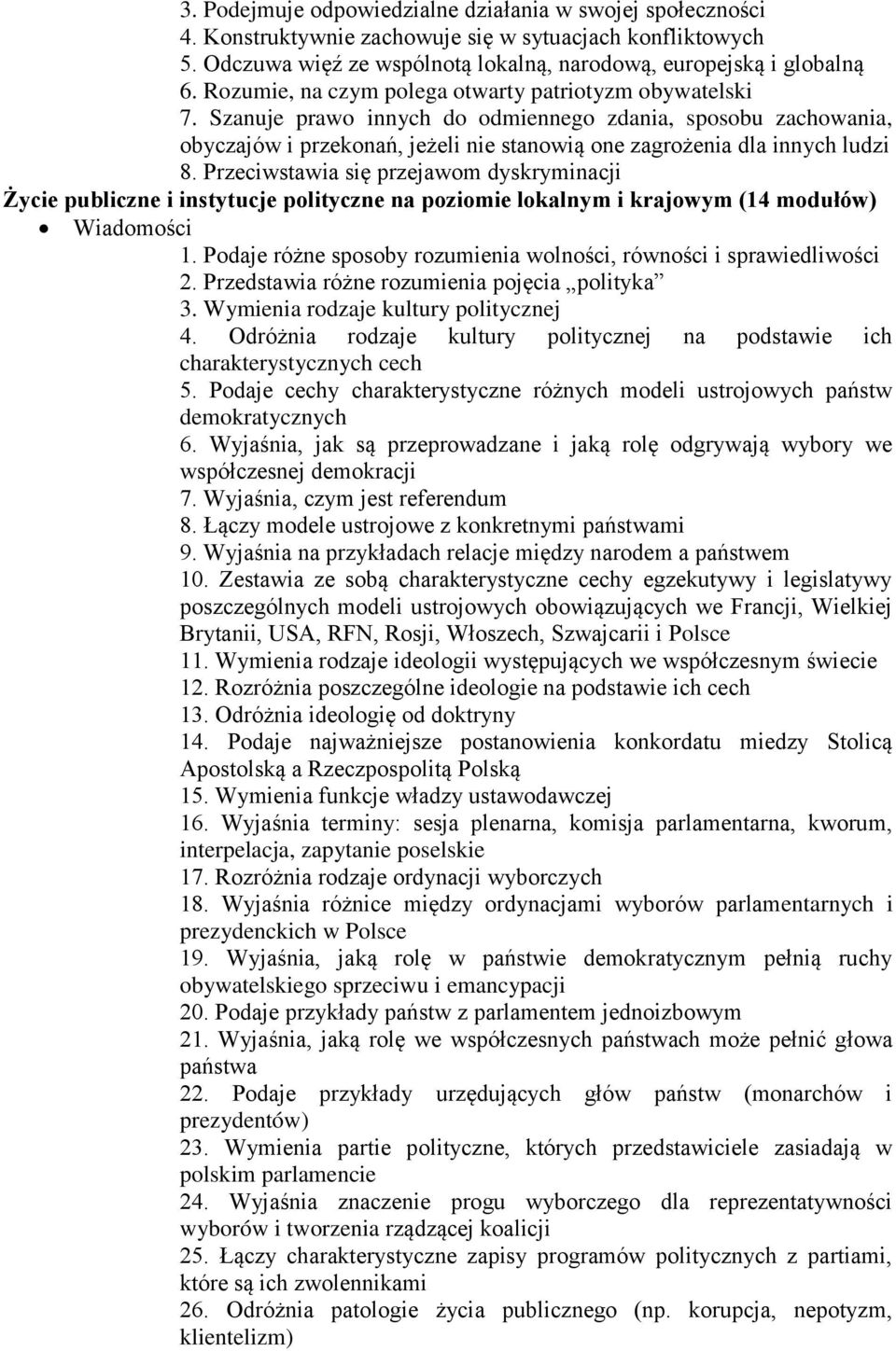 Przeciwstawia się przejawom dyskryminacji Życie publiczne i instytucje polityczne na poziomie lokalnym i krajowym (14 modułów) Wiadomości 1.