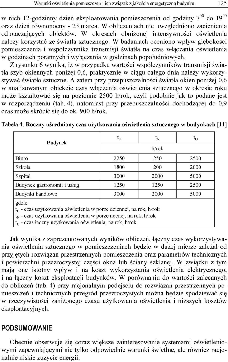 W badaniach oceniono wpływ głębokości pomieszczenia i współczynnika transmisji światła na czas włączania oświetlenia w godzinach porannych i wyłączania w godzinach popołudniowych.