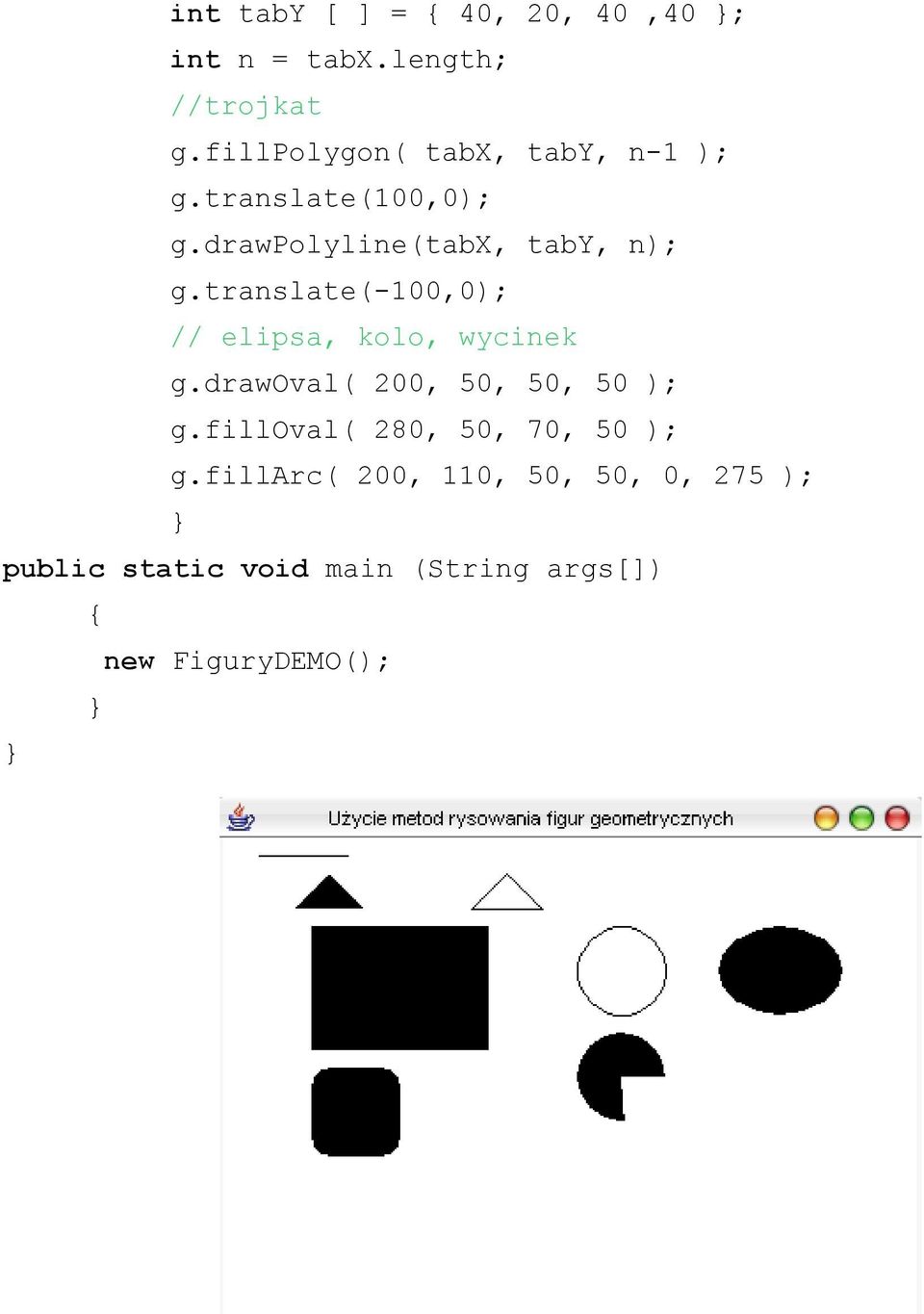 translate(-100,0); // elipsa, kolo, wycinek g.drawoval( 200, 50, 50, 50 ); g.