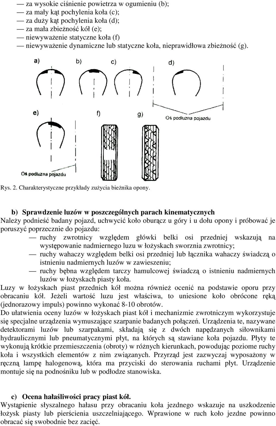 b) Sprawdzenie luzów w poszczególnych parach kinematycznych Naley podnie badany pojazd, uchwyci koło oburcz u góry i u dołu opony i próbowa je poruszy poprzecznie do pojazdu: ruchy zwrotnicy wzgldem
