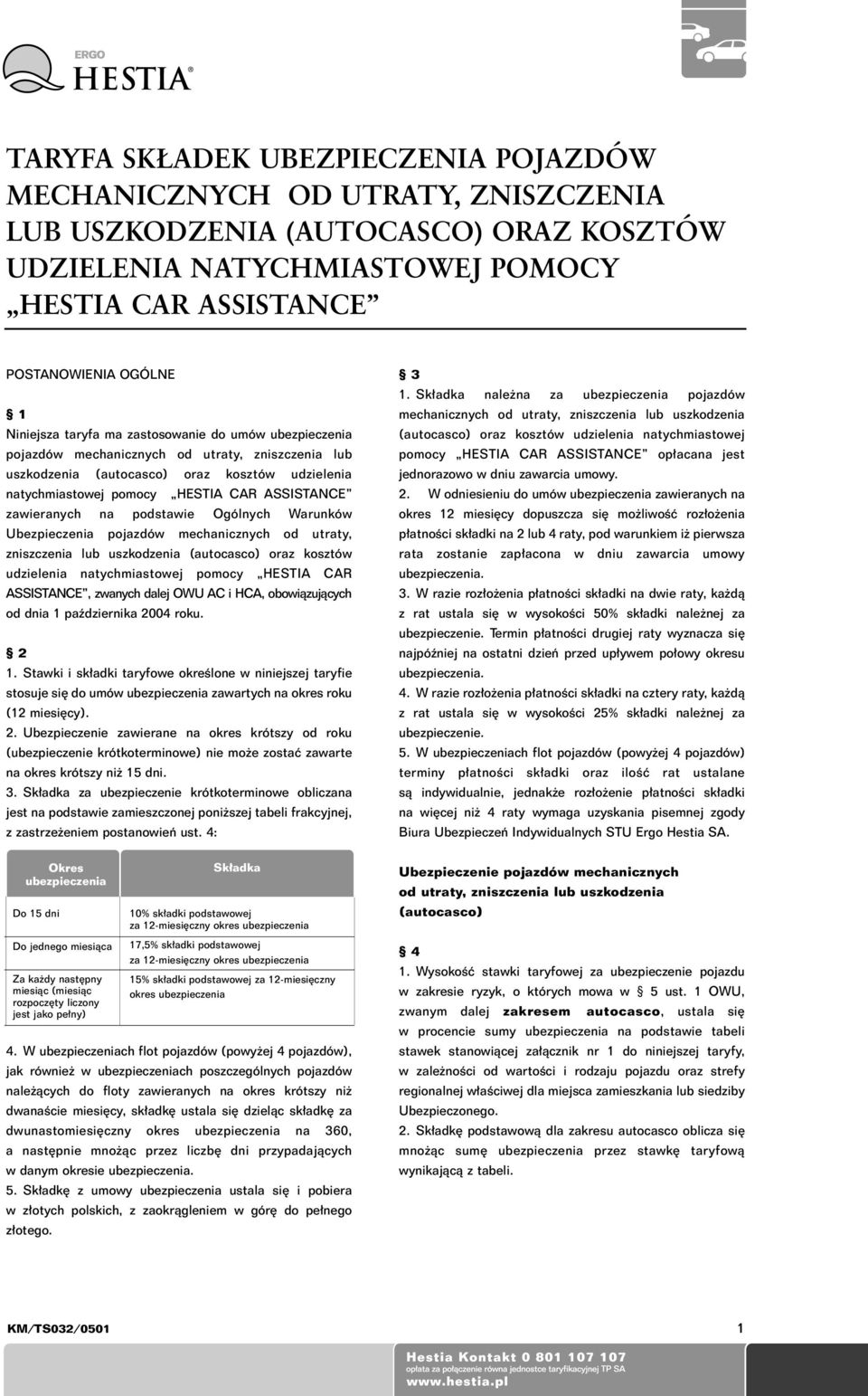 zawieranych na podstawie Ogólnych Warunków Ubezpieczenia pojazdów mechanicznych od utraty, zniszczenia lub uszkodzenia (autocasco) oraz kosztów udzielenia natychmiastowej pomocy HESTIA CAR