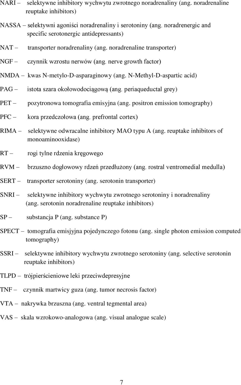 nerve growth factor) NMDA kwas N-metylo-D-asparaginowy (ang. N-Methyl-D-aspartic acid) PAG PET PFC istota szara okołowodociągową (ang. periaqueductal grey) pozytronowa tomografia emisyjna (ang.