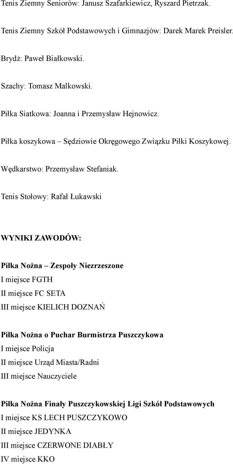 Tenis Stołowy: Rafał Łukawski WYNIKI ZAWODÓW: Piłka Nożna Zespoły Niezrzeszone I miejsce FGTH II miejsce FC SETA III miejsce KIELICH DOZNAŃ Piłka Nożna o Puchar Burmistrza