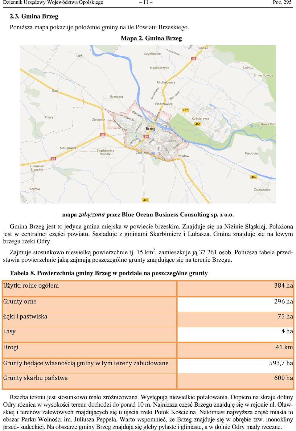 Położona jest w centralnej części powiatu. Sąsiaduje z gminami Skarbimierz i Lubasza. Gmina znajduje się na lewym brzegu rzeki Odry. Zajmuje stosunkowo niewielką powierzchnie tj.