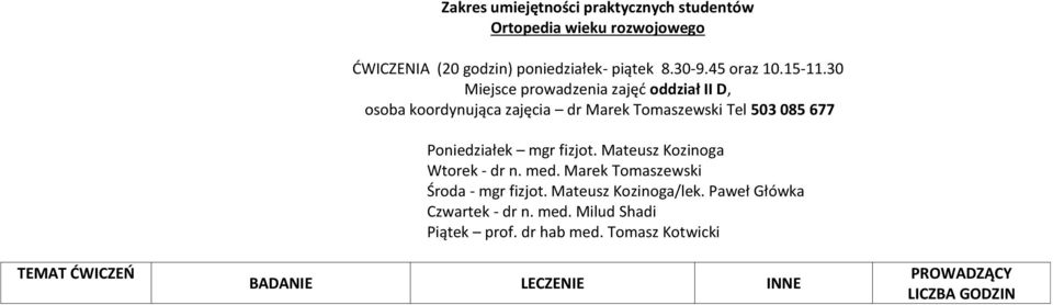 30 Miejsce prowadzenia zajęć oddział II D, osoba koordynująca zajęcia dr Marek Tomaszewski Tel 503 085 677 Poniedziałek mgr