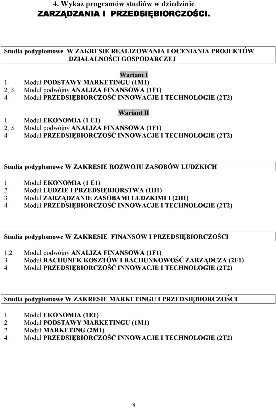 Moduł podwójny ANALIZA FINANSOWA (1F1) 4. Moduł PRZEDSIĘBIORCZOŚĆ INNOWACJE I TECHNOLOGIE (2T2) Studia podyplomowe W ZAKRESIE ROZWOJU ZASOBÓW LUDZKICH 1. Moduł EKONOMIA (1 E1) 2.