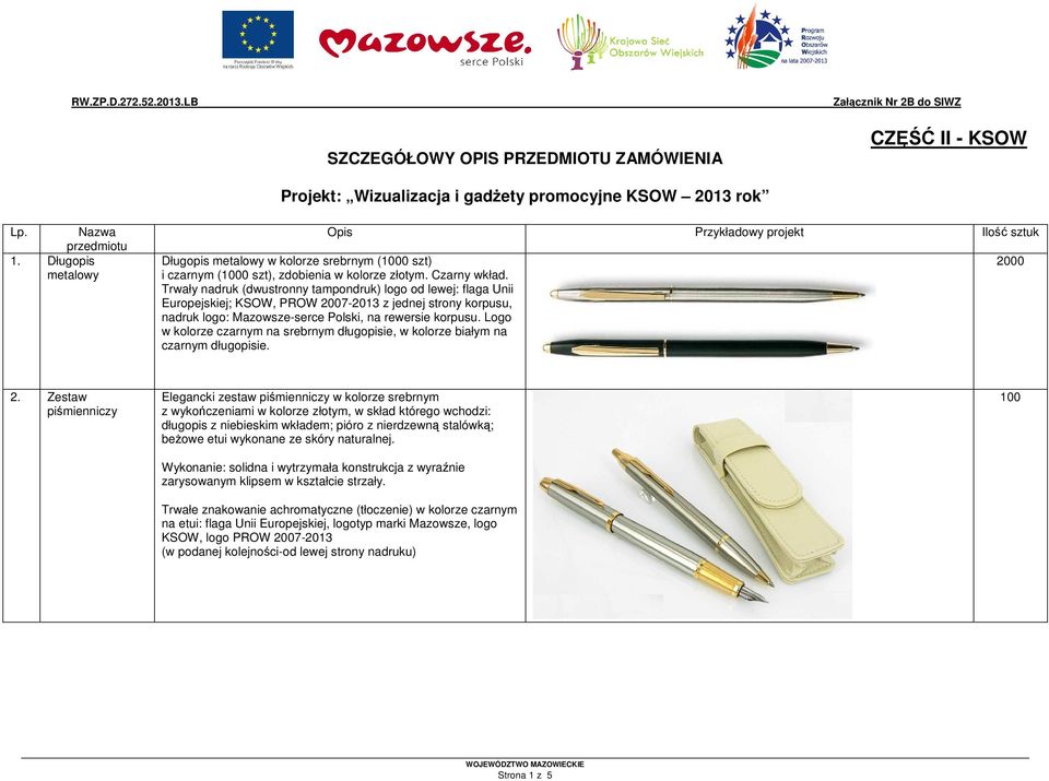 Trwały nadruk (dwustronny tampondruk) logo od lewej: flaga Unii Europejskiej; KSOW, PROW 2007-2013 z jednej strony korpusu, nadruk logo: Mazowsze-serce Polski, na rewersie korpusu.