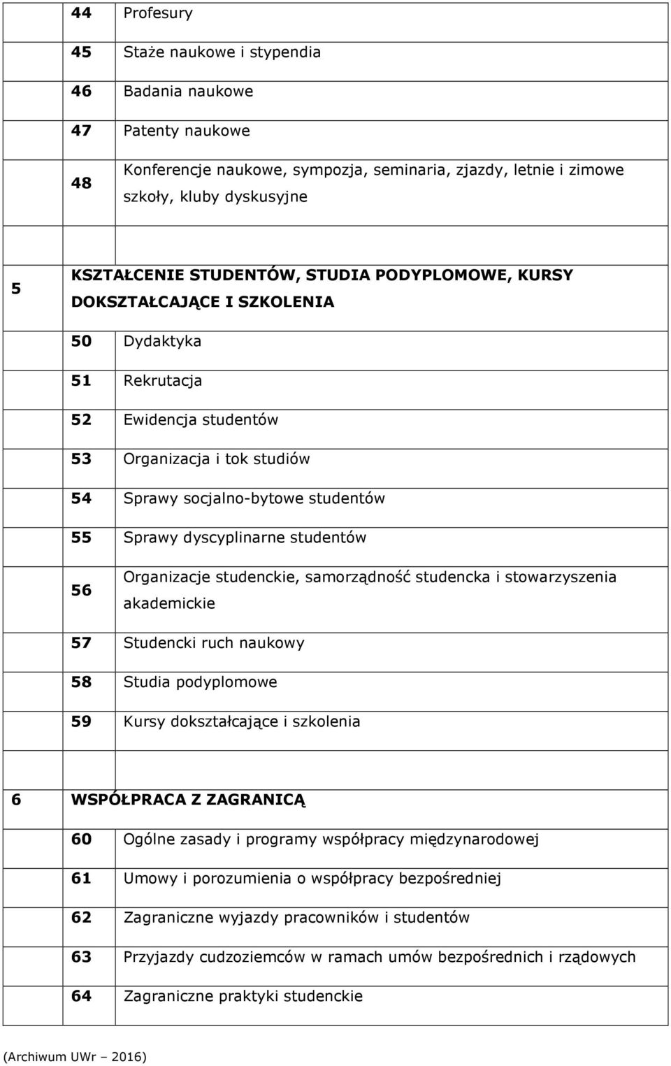 56 Organizacje studenckie, samorządność studencka i stowarzyszenia akademickie 57 Studencki ruch naukowy 58 Studia podyplomowe 59 Kursy dokształcające i szkolenia 6 WSPÓŁPRC Z ZGRNICĄ 60 Ogólne