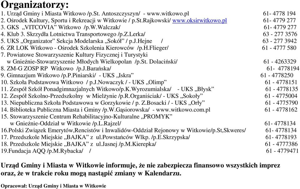 ZR LOK Witkowo - Ośrodek Szkolenia Kierowców /p.h.flieger/ 61-4777 580 7. Powiatowe Stowarzyszenie Kultury Fizycznej i Turystyki w Gnieźnie-Stowarzyszenie Młodych Wielkopolan /p.st. Dolaciński/ 61-4263329 8.