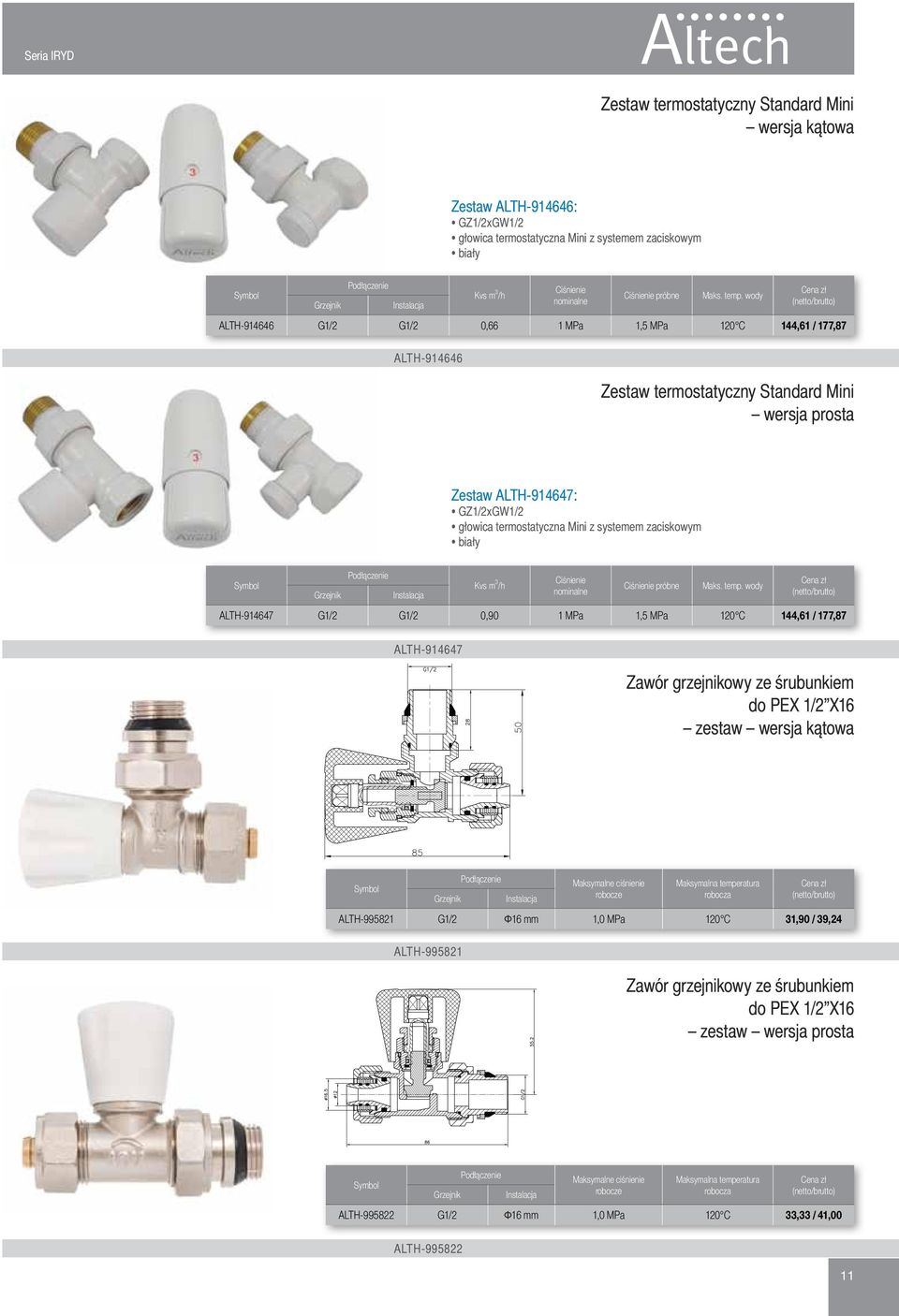 wody ALTH-914646 G1/2 G1/2 0,66 1 MPa 1,5 MPa 120 C 144,61 / 177,87 ALTH-914646 Zestaw termostatyczny Standard Mini wersja prosta Zestaw ALTH-914647: GZ1/2xGW1/2 głowica termostatyczna Mini z