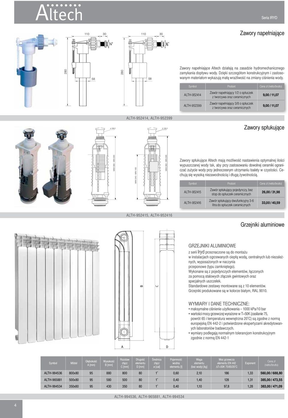 Produkt ALTH-952414 ALTH-952399 Zawór napełniający 1/2 o spłuczek z tworzywa oraz ceramicznych Zawór napełniający 3/8 o spłuczek z tworzywa oraz ceramicznych 9,00 / 11,07 9,00 / 11,07 ALTH-952414,