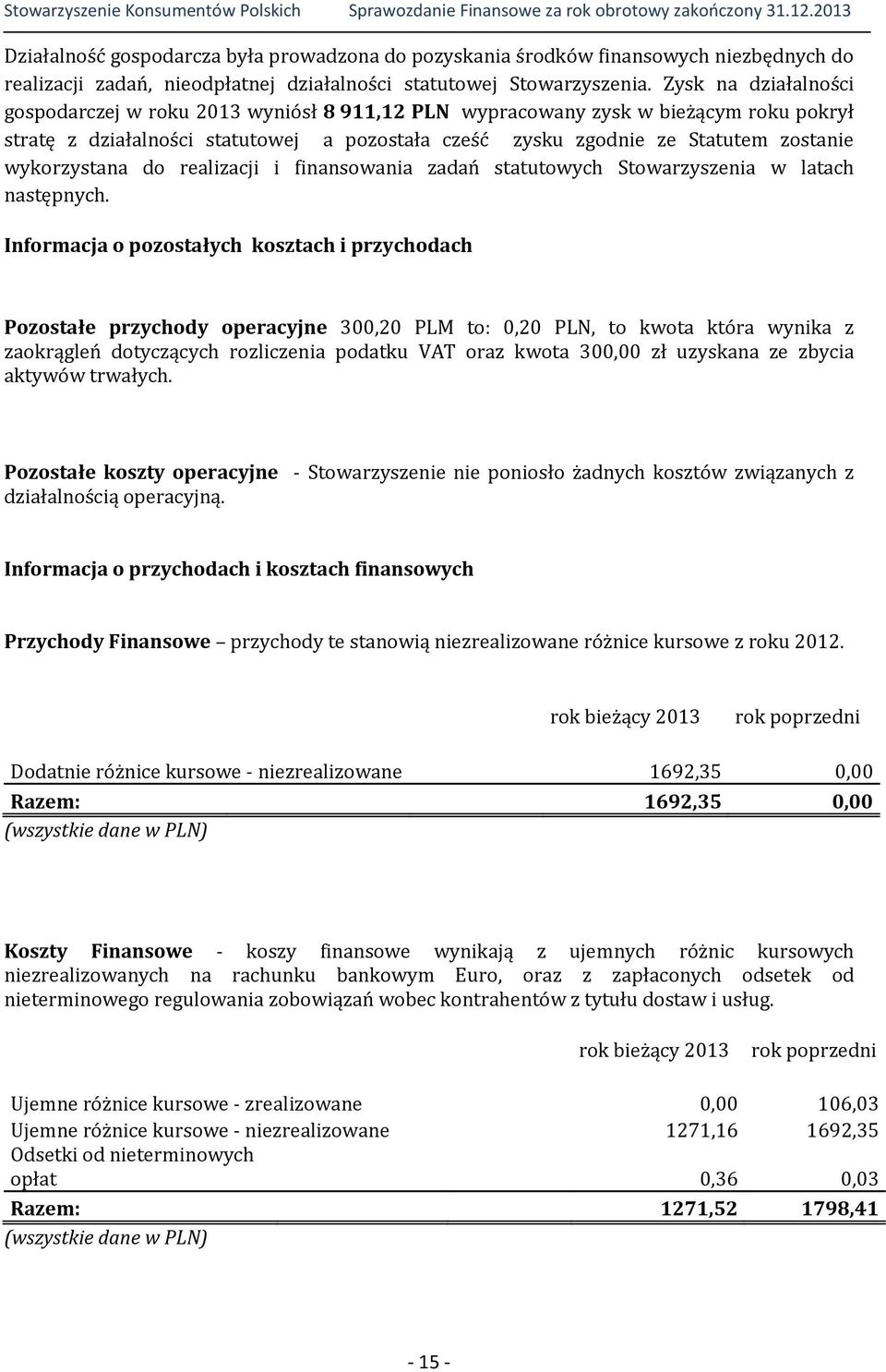 wykorzystana do realizacji i finansowania zadań statutowych Stowarzyszenia w latach następnych.