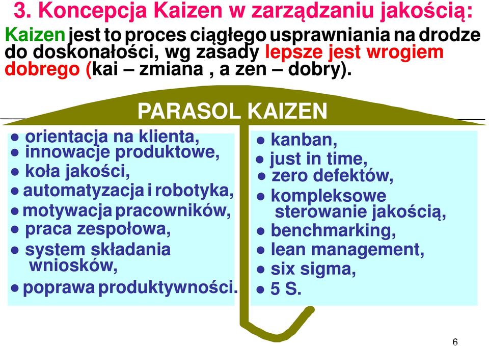 PARASOL KAIZEN orientacja na klienta, innowacje produktowe, koła jakości, automatyzacja i robotyka, motywacja pracowników,