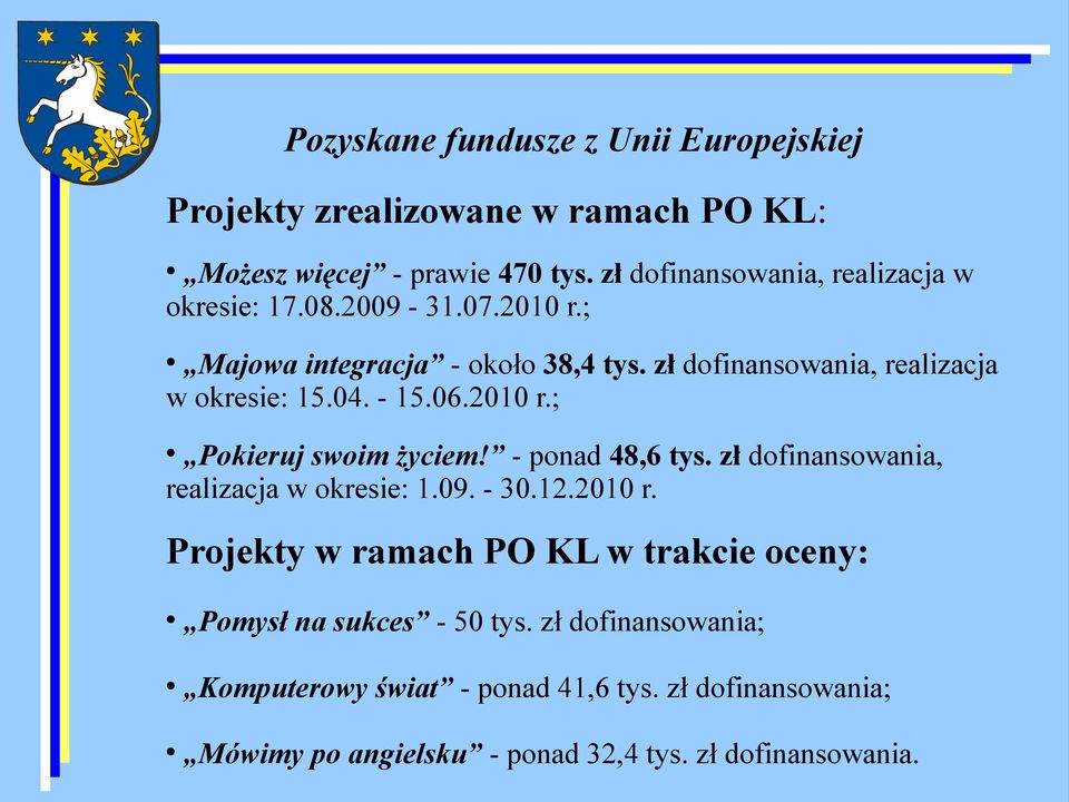 zł dofinansowania, realizacja w okresie: 15.04. - 15.06.2010 r.; Pokieruj swoim życiem! - ponad 48,6 tys.