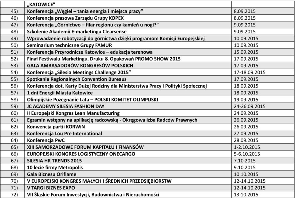 09.2015 52) Finał Festiwalu Marketingu, Druku & Opakowań PROMO SHOW 2015 17.09.2015 53) GALA AMBASADORÓW KONGRESÓW POLSKICH 17.09.2015 54) Konferencja Silesia Meetings Challenge 2015 17-18.09.2015 55) Spotkanie Regionalnych Convention Bureaus 17.