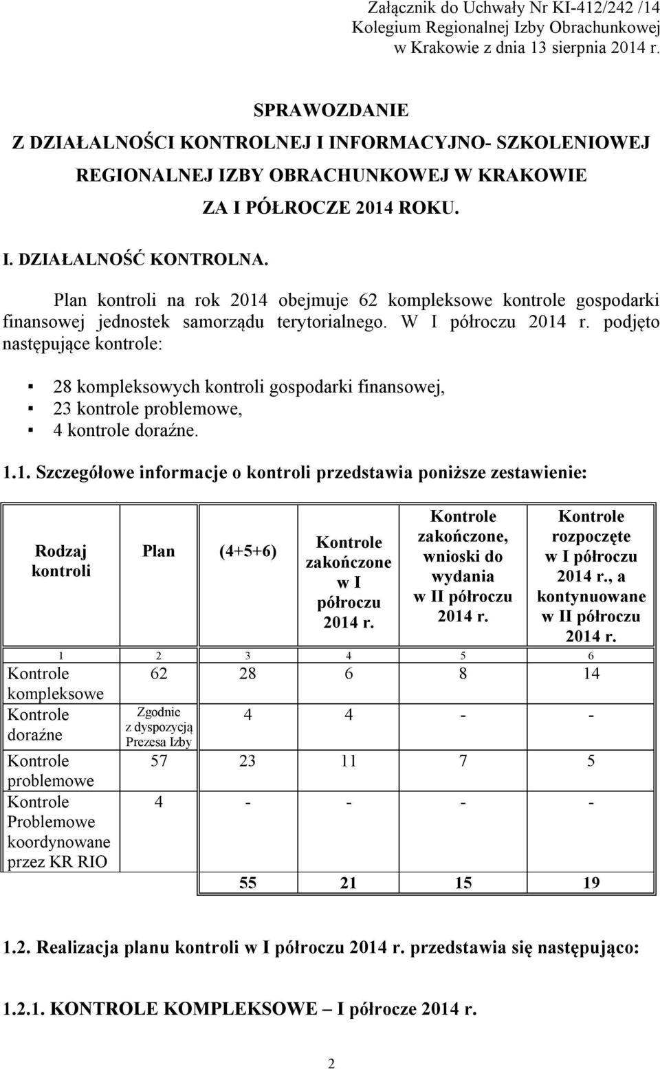 Plan kontroli na rok 2014 obejmuje 62 kompleksowe kontrole gospodarki finansowej jednostek samorządu terytorialnego. W I półroczu 2014 r.