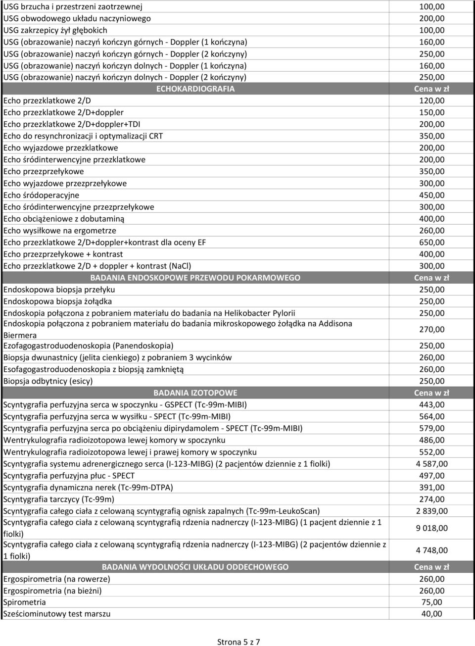 kończyny) 250,00 ECHOKARDIOGRAFIA Echo przezklatkowe 2/D 120,00 Echo przezklatkowe 2/D+doppler 150,00 Echo przezklatkowe 2/D+doppler+TDI 200,00 Echo do resynchronizacji i optymalizacji CRT 350,00