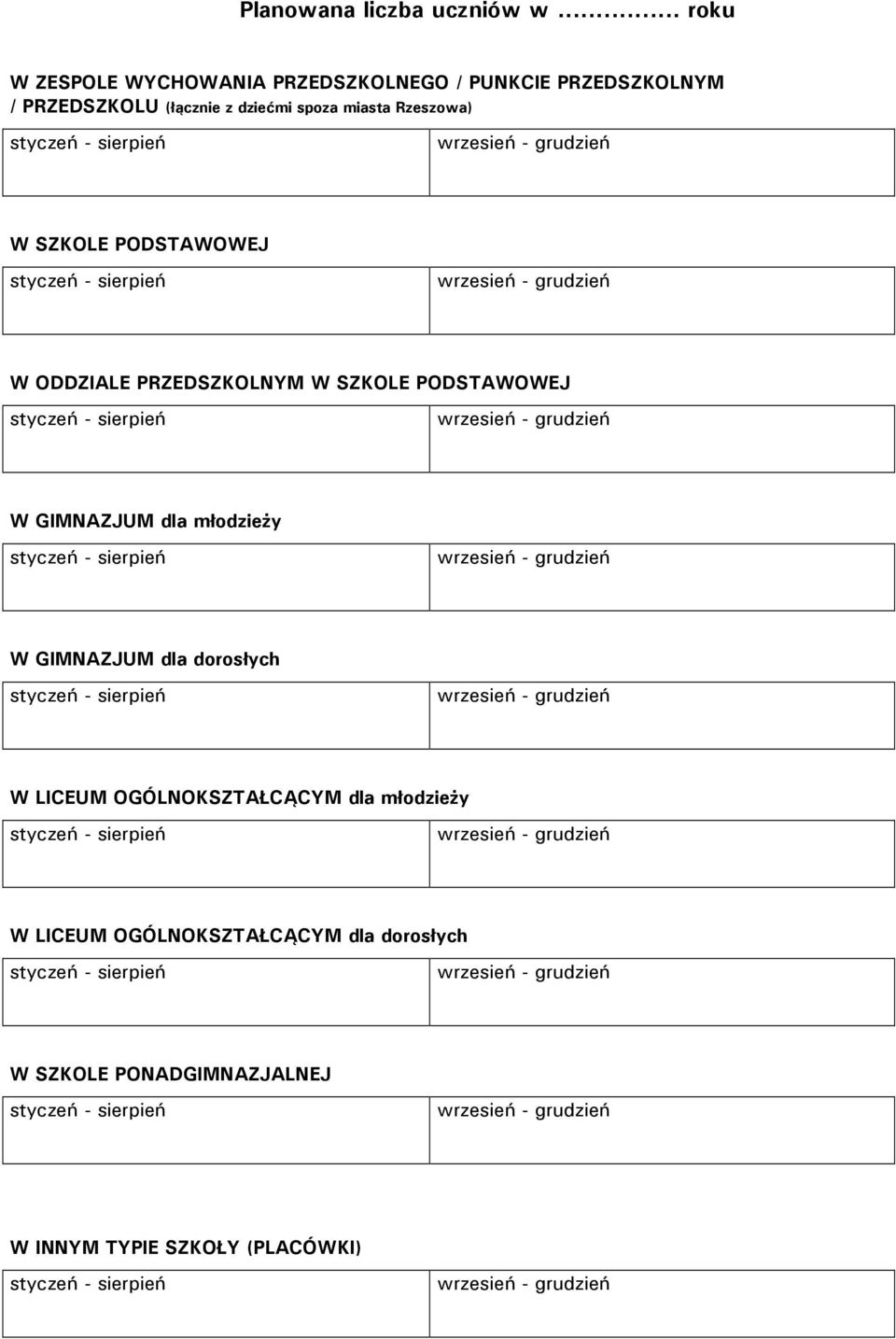 spoza miasta Rzeszowa) W SZKOLE PODSTAWOWEJ W ODDZIALE PRZEDSZKOLNYM W SZKOLE PODSTAWOWEJ W GIMNAZJUM