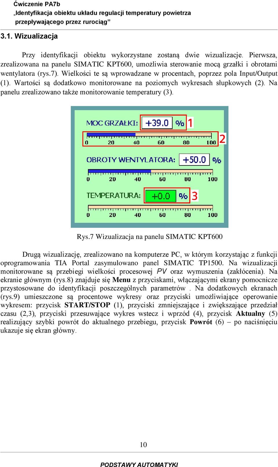 Wartości są dodatkowo monitorowane na poziomych wykresach słupkowych (2). Na panelu zrealizowano także monitorowanie temperatury (3). Rys.