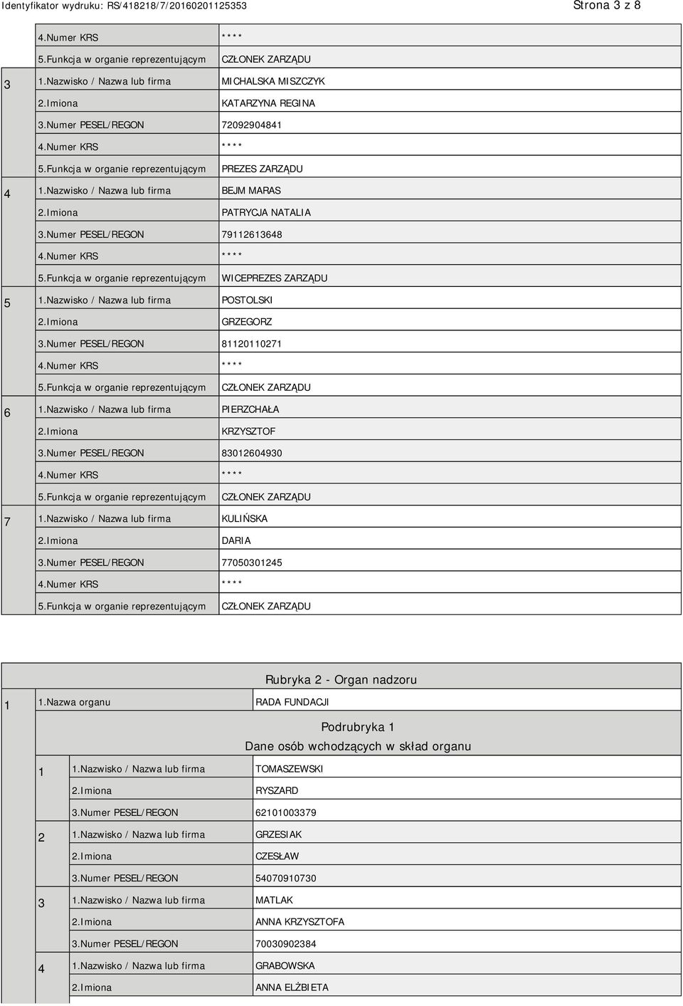 Numer PESEL/REGON 83012604930 7 1.Nazwisko / Nazwa lub firma KULIŃSKA DARIA 3.Numer PESEL/REGON 77050301245 Rubryka 2 - Organ nadzoru 1 1.
