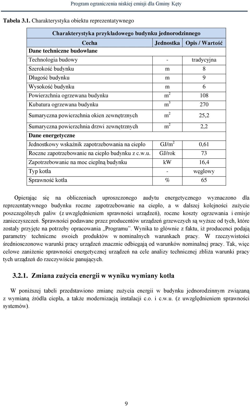 budynku m 8 Długość budynku m 9 Wysokość budynku m 6 Powierzchnia ogrzewana budynku m 2 108 Kubatura ogrzewana budynku m 3 270 Sumaryczna powierzchnia okien zewnętrznych m 2 25,2 Sumaryczna