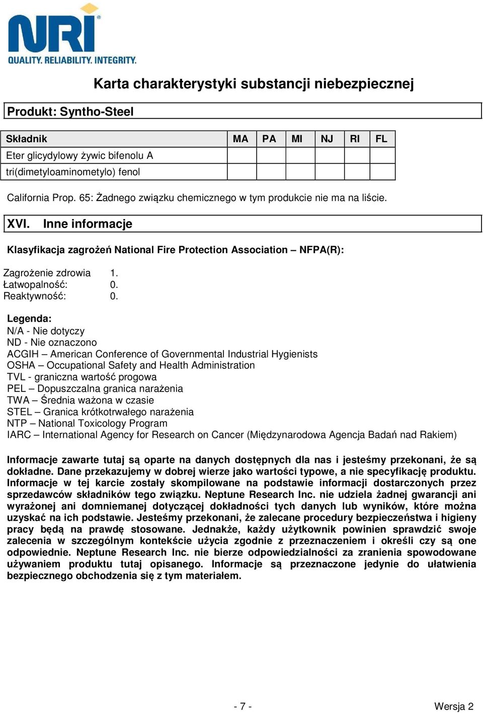 Legenda: N/A - Nie dotyczy ND - ACGIH American Conference of Governmental Industrial Hygienists OSHA Occupational Safety and Health Administration TVL - graniczna wartość progowa PEL Dopuszczalna