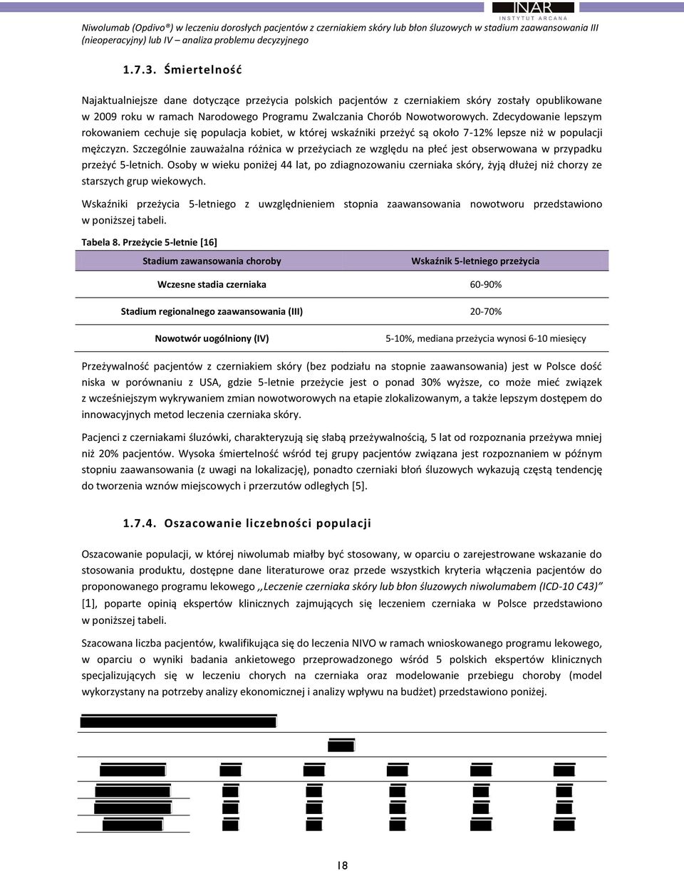 Zdecydowanie lepszym rokowaniem cechuje się populacja kobiet, w której wskaźniki przeżyd są około 7-12% lepsze niż w populacji mężczyzn.