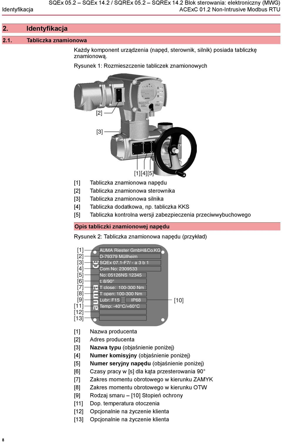 tabliczka KKS [5] Tabliczka kontrolna wersji zabezpieczenia przeciwwybuchowego Opis tabliczki znamionowej napędu Rysunek 2: Tabliczka znamionowa napędu (przykład) [1] Nazwa producenta [2] Adres