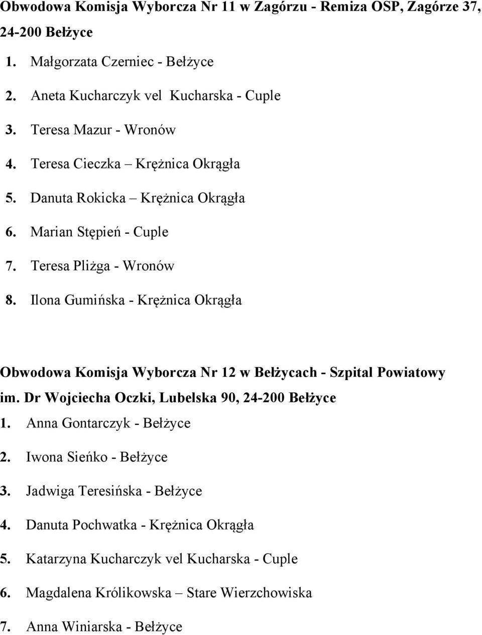 Ilona Gumińska - Krężnica Okrągła Obwodowa Komisja Wyborcza Nr 12 w Bełżycach - Szpital Powiatowy im. Dr Wojciecha Oczki, Lubelska 90, 1. Anna Gontarczyk - Bełżyce 2.