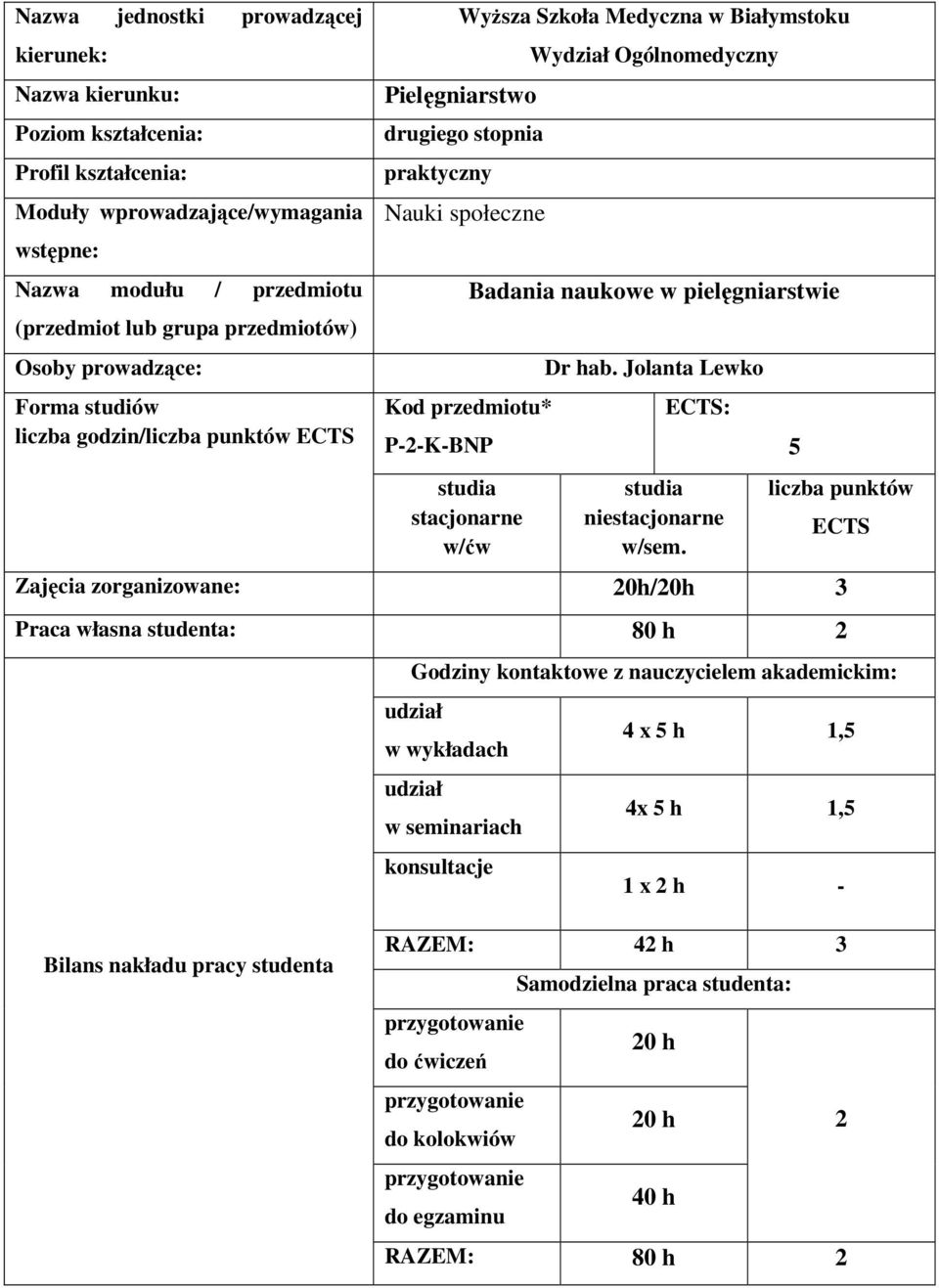 stacjonarne w/ćw Wydział Ogólnomedyczny Badania naukowe w pielęgniarstwie Dr hab. Jolanta Lewko ECTS: studia niestacjonarne w/sem.