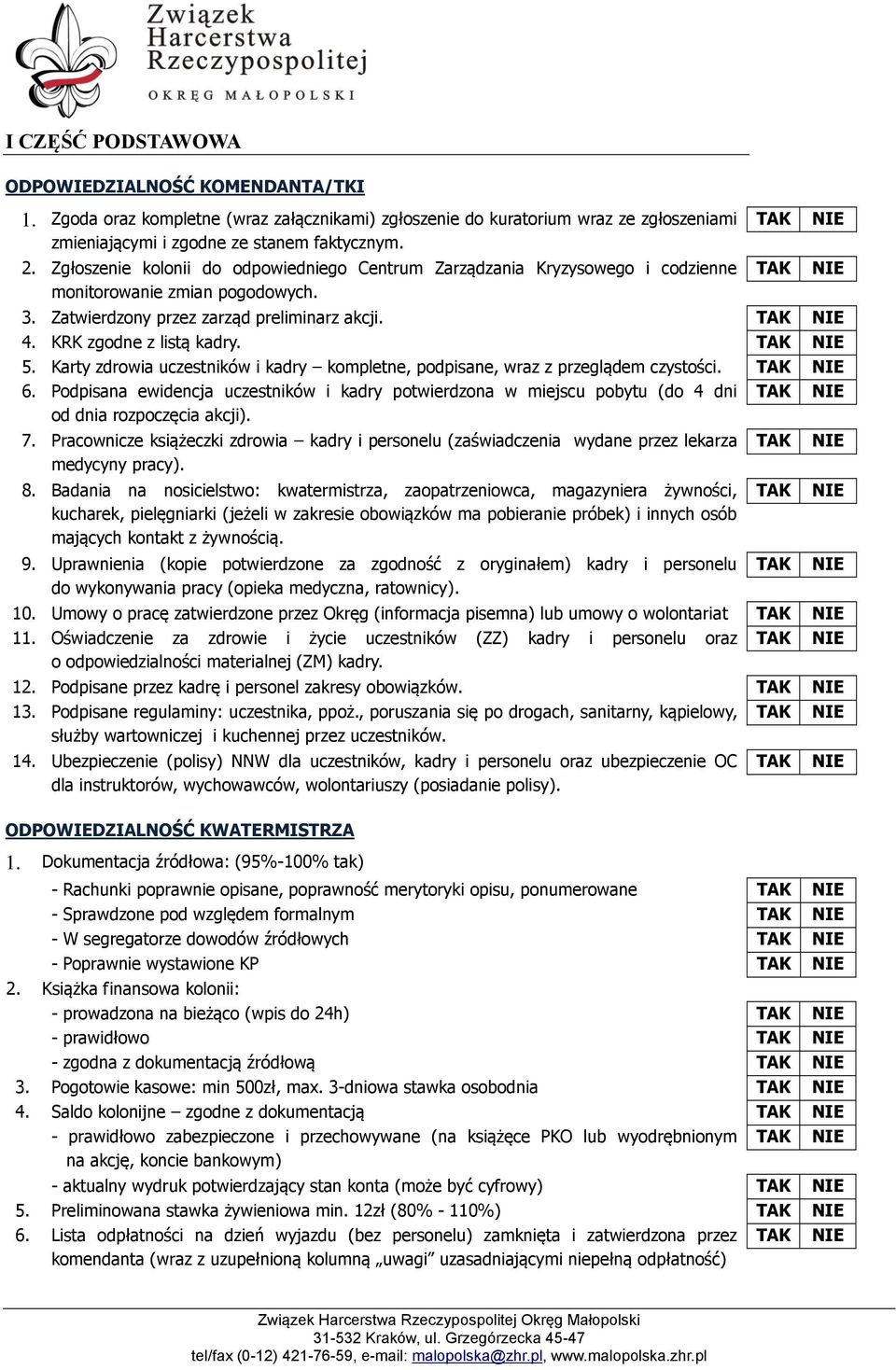 Karty zdrowia uczestników i kadry kompletne, podpisane, wraz z przeglądem czystości. 6. Podpisana ewidencja uczestników i kadry potwierdzona w miejscu pobytu (do 4 dni od dnia rozpoczęcia akcji). 7.