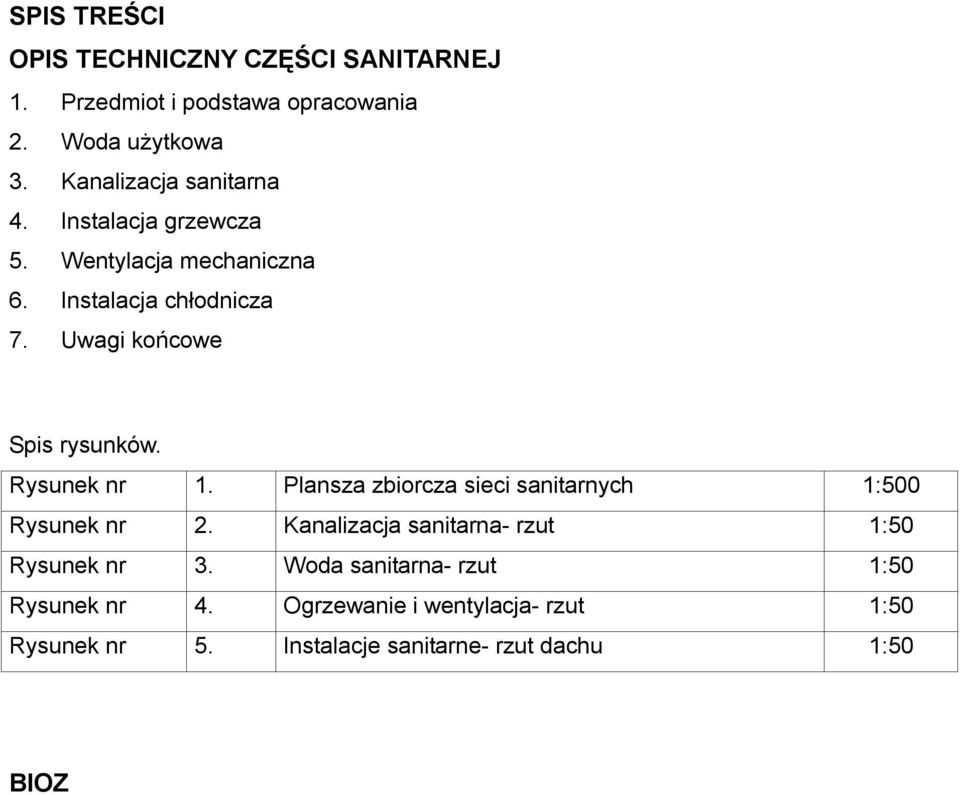 Uwagi końcowe Spis rysunków. Rysunek nr 1. Plansza zbiorcza sieci sanitarnych 1:500 Rysunek nr 2.