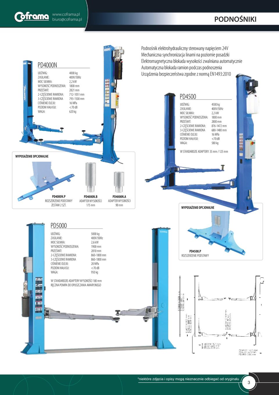 400V/50Hz 2,2 kw 1800 mm 2821 mm 712-1051 mm 793-1500 mm 16 MPa <70 db 620 kg Podnośnik elektrohydrauliczny sterowany napięciem 24V Mechaniczna synchronizacja linami na poziomie posadzki