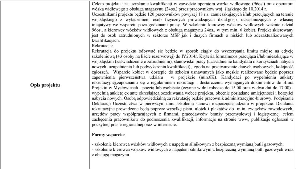 uczestniczących z własnej inicjatywy we wsparciu poza godzinami pracy. W szkoleniu kierowcy wózków widłowych weźmie udział 96os., a kierowcy wózków widłowych z obsługą magazynu 24os., w tym min.