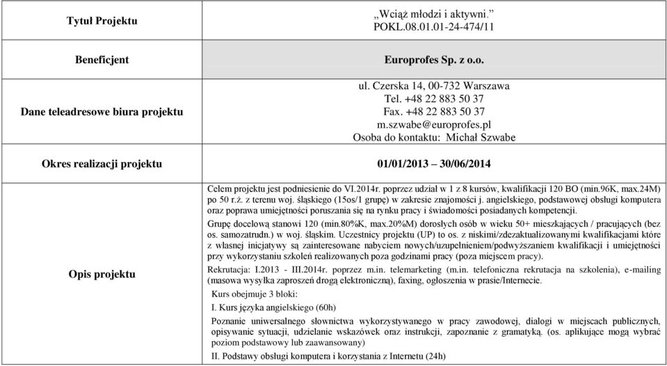 poprzez udział w 1 z 8 kursów, kwalifikacji 120 BO (min.96k, max.24m) po 50 r.ż. z terenu woj. śląskiego (15os/1 grupę) w zakresie znajomości j.
