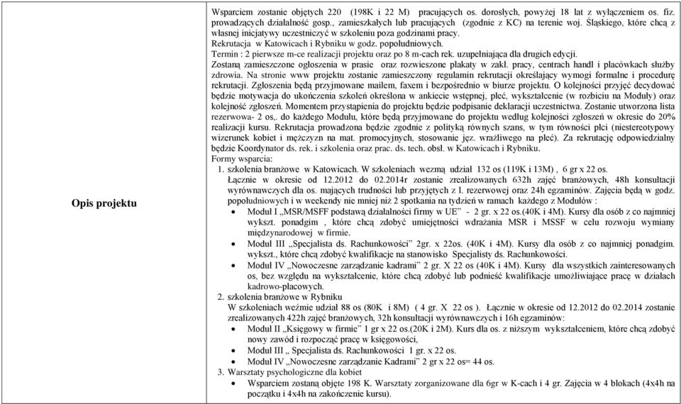 popołudniowych. Termin : 2 pierwsze m-ce realizacji projektu oraz po 8 m-cach rek. uzupełniająca dla drugich edycji. Zostaną zamieszczone ogłoszenia w prasie oraz rozwieszone plakaty w zakł.